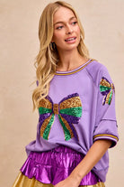 BiBi Lavender Mardi Gras Theme Ribbon Sequin Patched Top