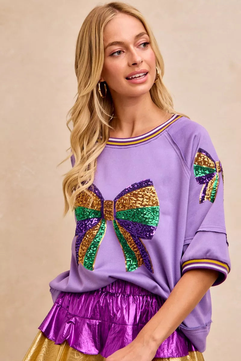 BiBi Lavender Mardi Gras Theme Ribbon Sequin Patched Top