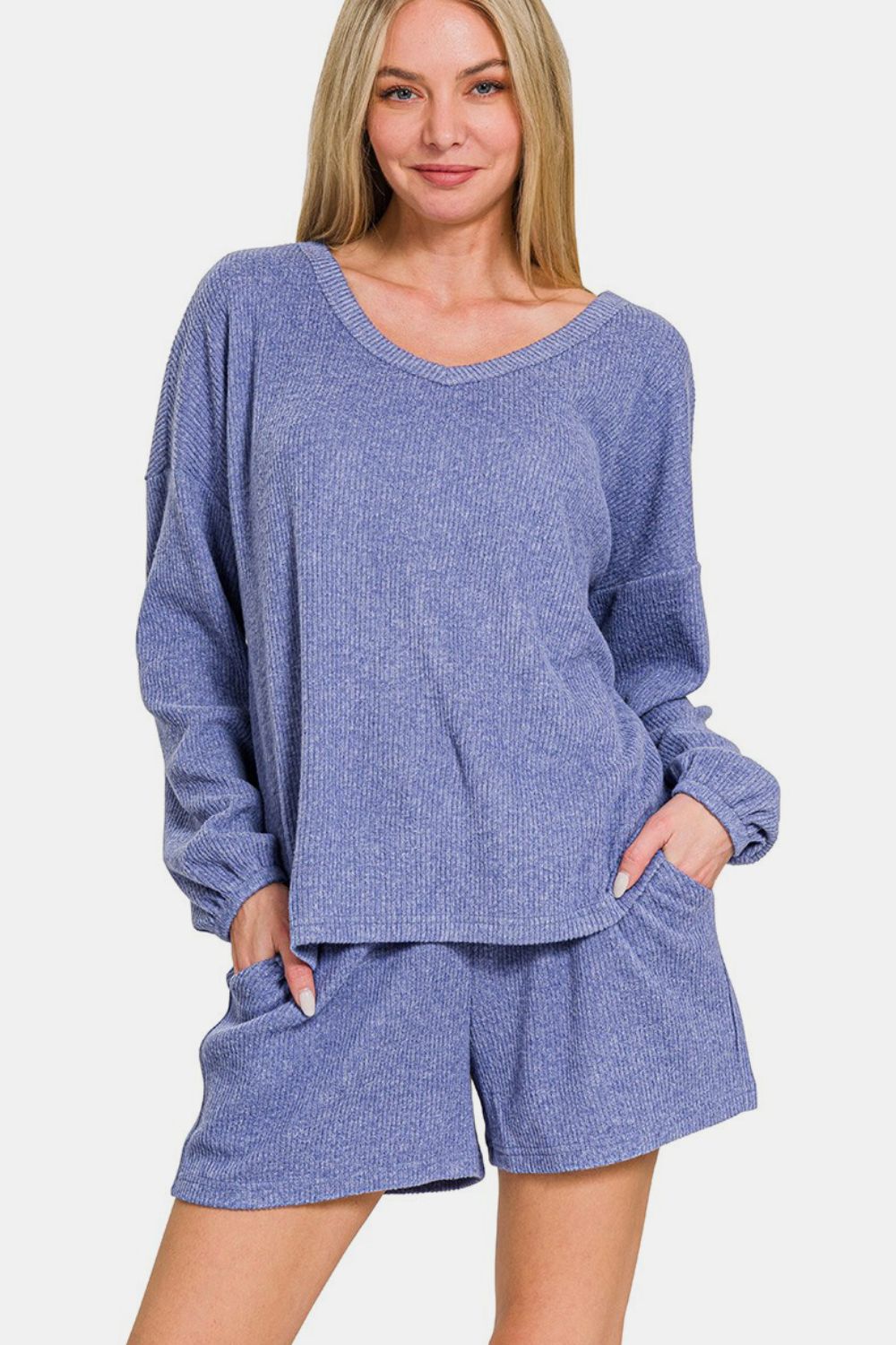 Zenana Blue Purple V-Neck Long Sleeve Ribbed Top and Shorts Set Blue Purple