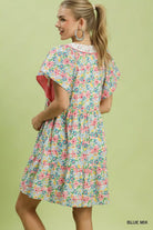 Umgee Blue Mix Floral Tiered Mini Dress with Side Pockets