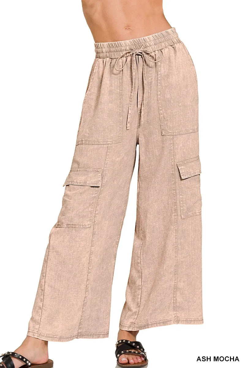 Zenana Ash Mocha Washed Linen Elastic Band Waist Cargo Pants ASH MOCHA