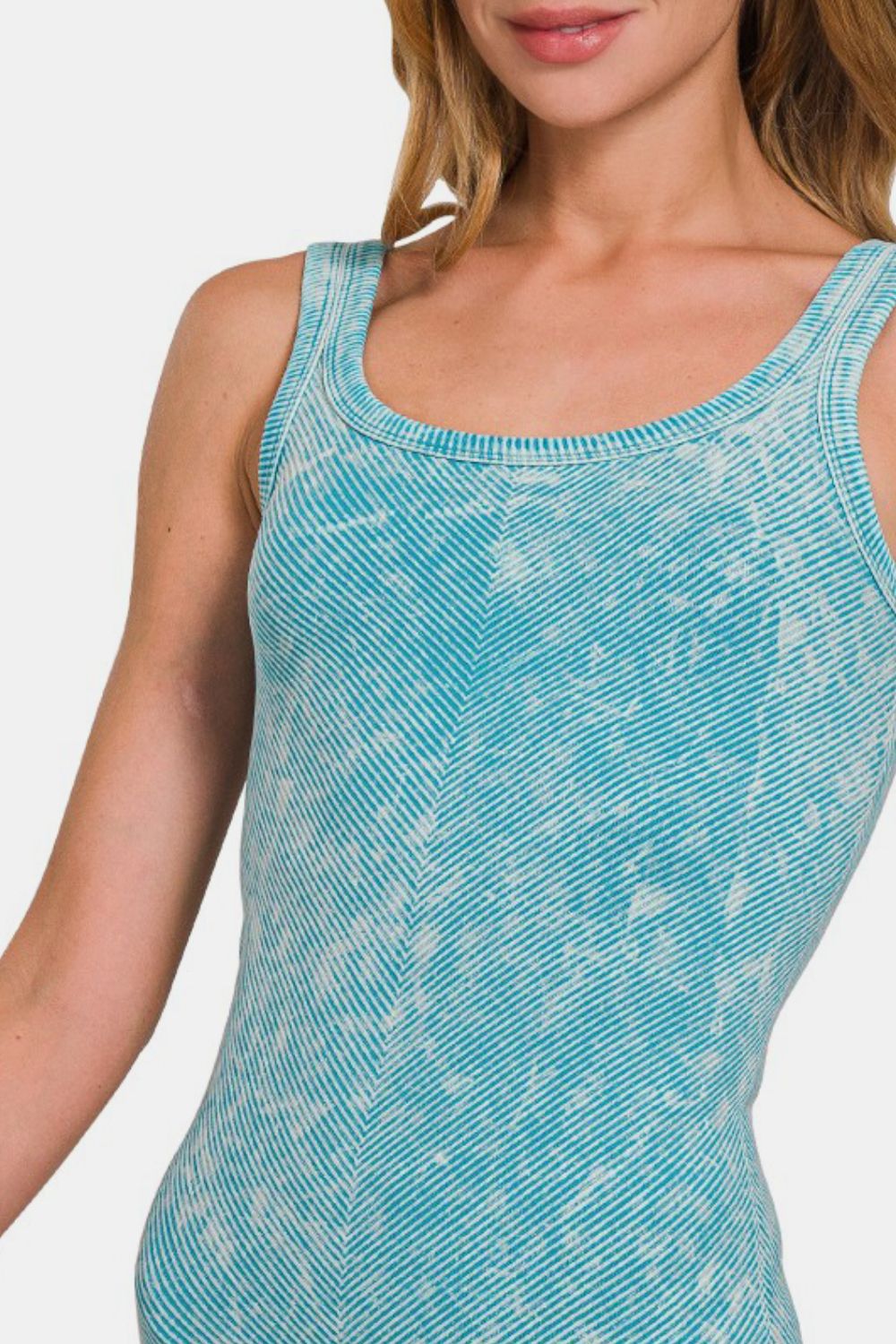 Zenana Ice Blue Stone Washed Ribbed Scoop Neck Tank Top