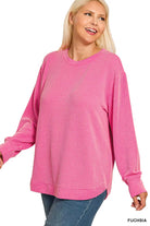 Zenana Dusty Blue Raised Rib Round Neck Long Sleeve Top