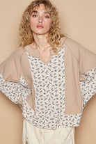 POL Waffle Knit Floral Notched Long Sleeve Top in Tan Tan Shirts & Tops