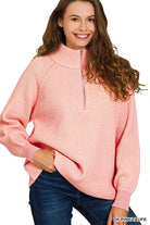 Zenana Ribbed Two Tone Half Zip Sweater r in Dark Pink/Taupe DK PINK TAUPE