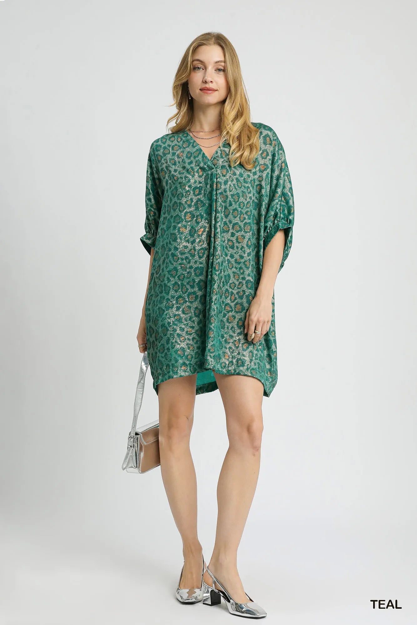 Umgee Teal Metallic Leopard Print V-Neck Kimono Dress