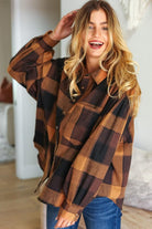 Haptics Rock'n Plaid Camel & Charcoal Button Down Oversized Shirt Haptics