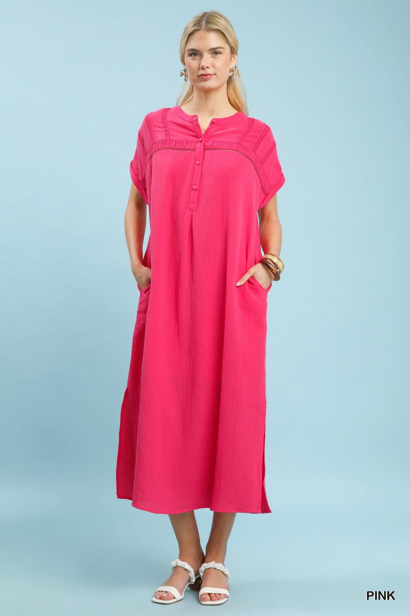 Umgee Pink Button-Front Gauze Midi Dress with Lace Detail