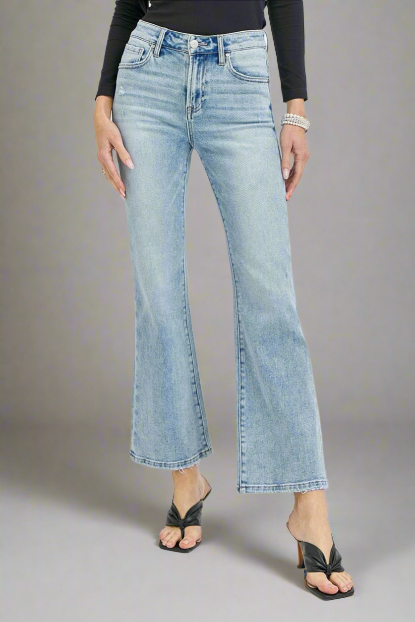 RISEN Light Washed High Rise Ankle Flare Jeans Trendsi