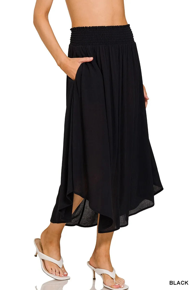 Zenana Black Woven Crinkle Smocked Waist Maxi Skirt W Pockets