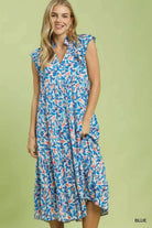 Umgee Blue Leaf Print Midi Tiered Dress with Side Pockets BLUE