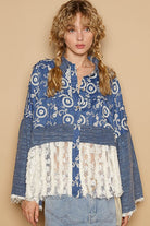 POL Peacock Blue Lace Hem Embroidered Long Sleeve Shirt Peacock Blue Shirts & Tops