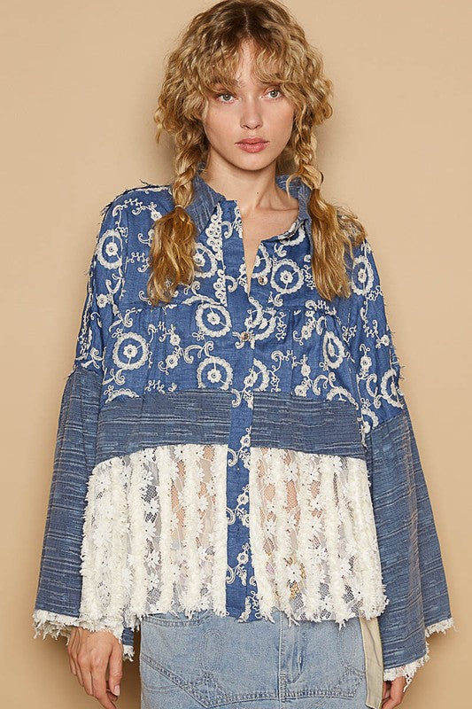 POL Peacock Blue Lace Hem Embroidered Long Sleeve Shirt Peacock Blue Shirts & Tops