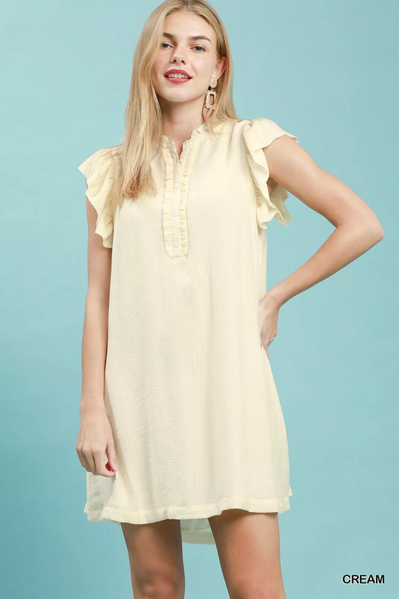 Umgee Ruffle Sleeve Henley Shift Dress CREAM
