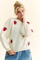 Davi & Dani Crochet Strawberry Round Neck Sweater in Cream Shirts & Tops