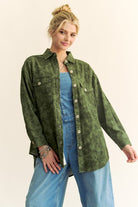 Davi & Dani Army Green Curved Hem Diamond Quilted Button Up Denim Shacket Trendsi