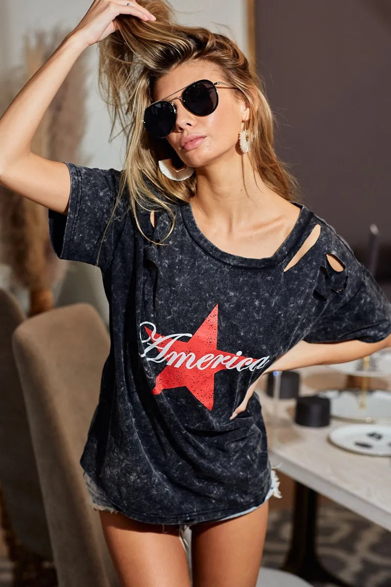 BiBi Laser Cut Mineral Washed Jersey Top with America in Black Charcoal