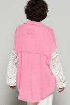 POL Fuchsia Pink Openwork Lantern Sleeve Button Down Gauze Shirt Shirts & Tops