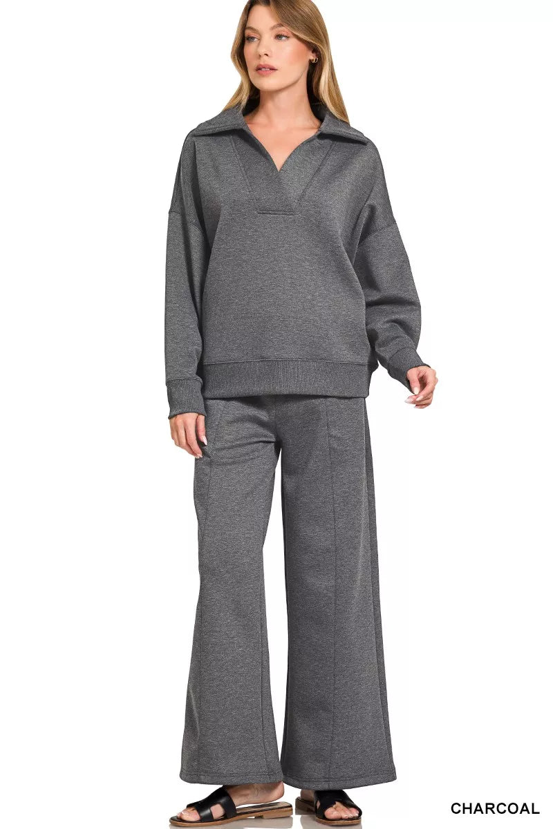 Zenana Charcoal Scuba Collared Pullover and Pants Set CHARCOAL