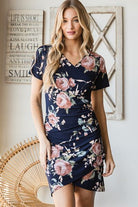 Heimish Navy Ruched Floral Asymmetrical Mini Dress