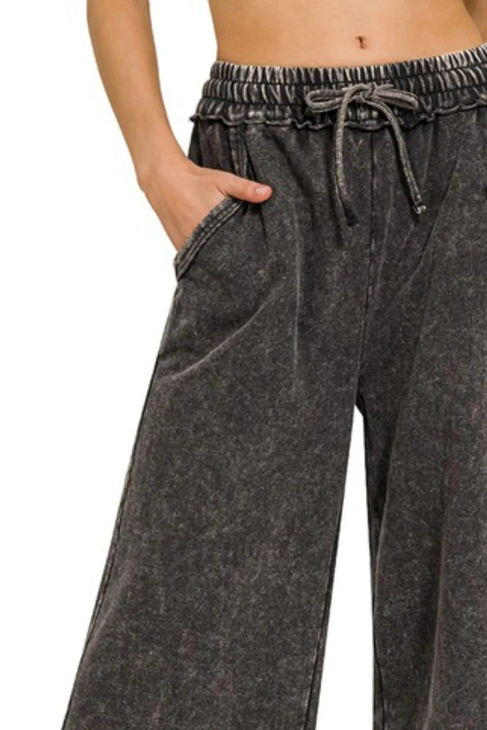 Zenana Ash Black Washed French Terry Palazzo With Pockets