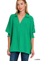 Zenana Kelly Green Airflow Collar Tee with Smocked Sleeve Band Top K GREEN