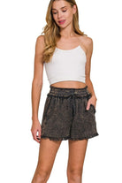 Zenana Ash Black Mineral Frayed Hem Washed Shorts