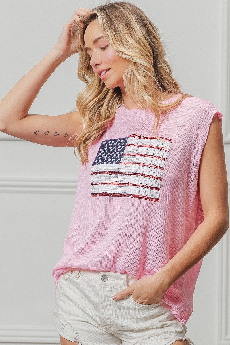 BiBi Pink American Flag Sequins Patch Knit Top