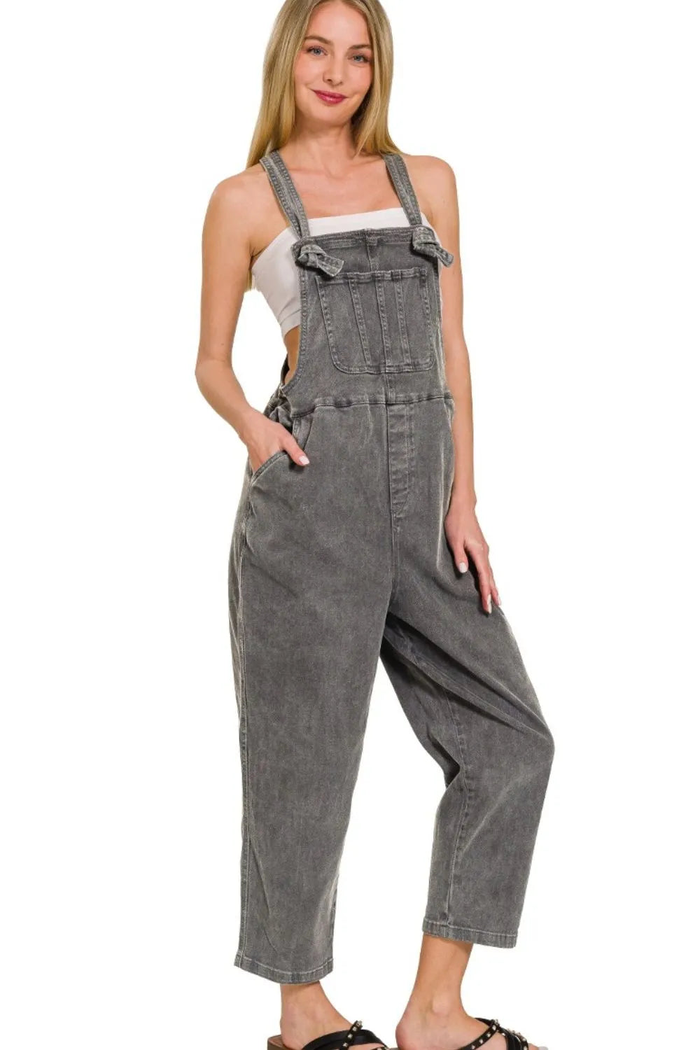 Zenana Ash Black Washed Knot Strap Relaxed Fit Overalls ASH BLACK