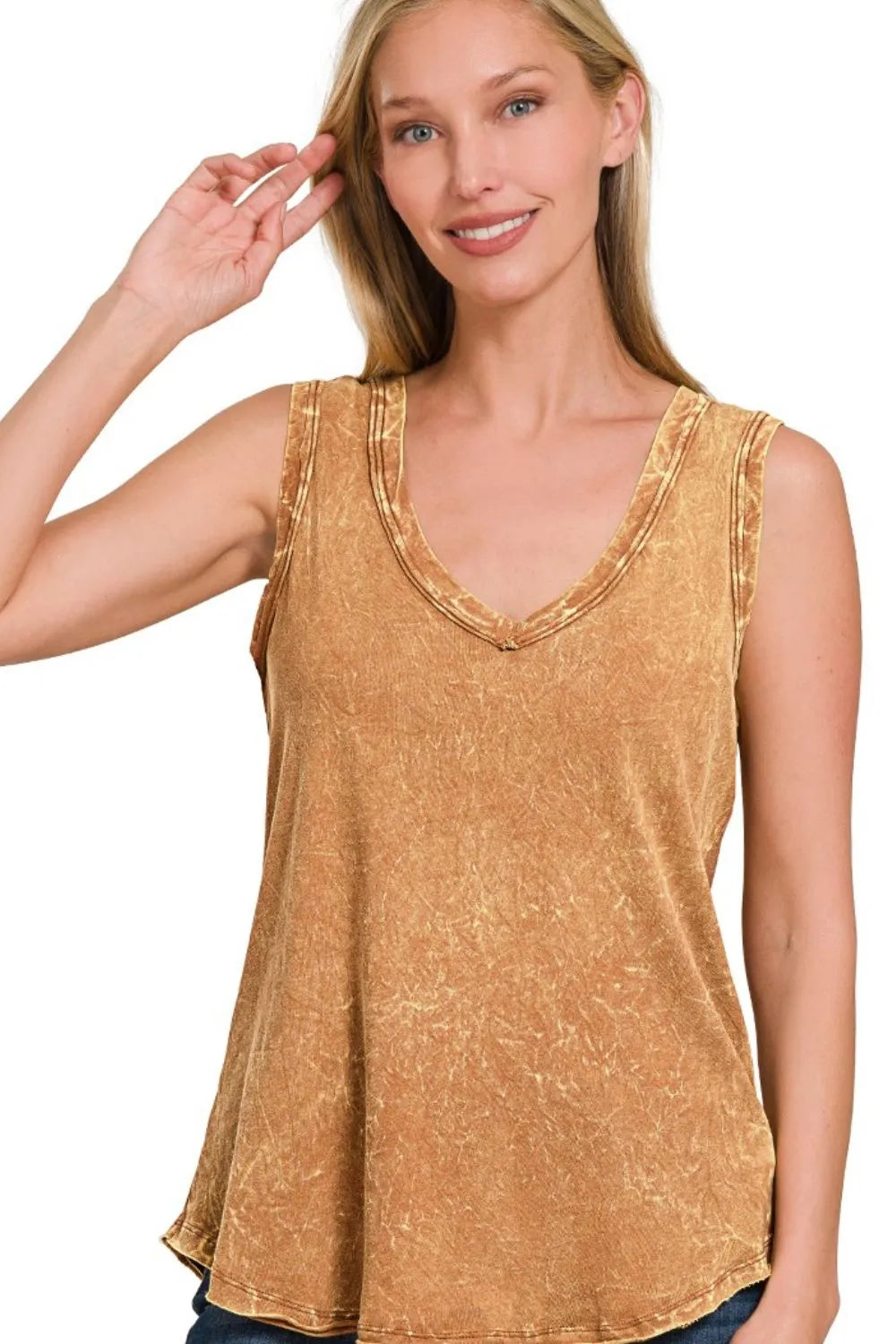 Zenana Deep Camel Crinkle Washed V-neck Sleeveless Top DEEP CAMEL