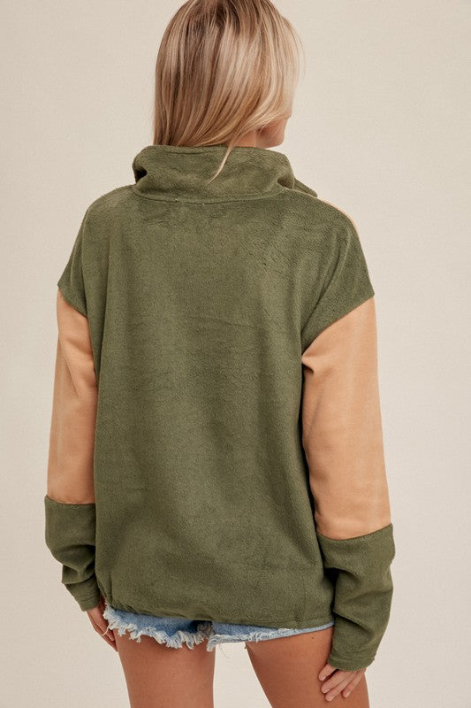 Hem & Thread Taupe/Green Color Block Fleece Mock Neck Zip Up Cinched Hem Pullover Sweater Sweater