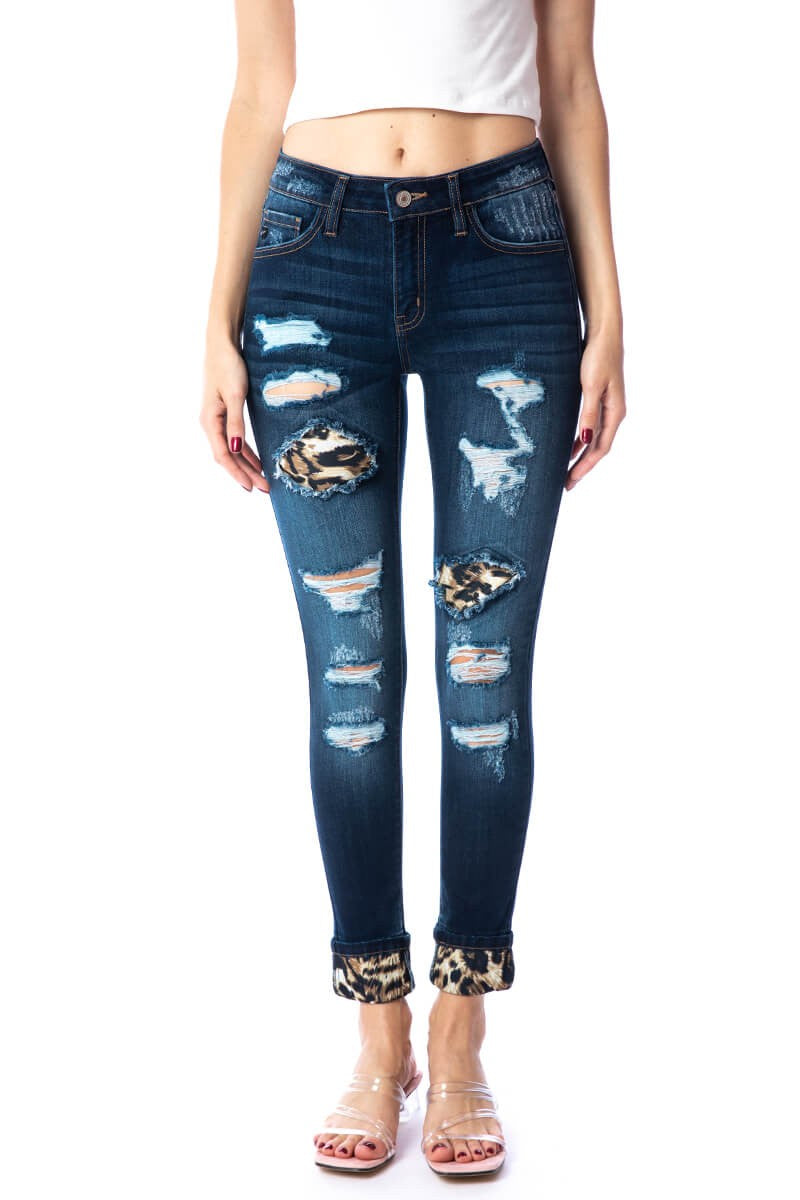 KanCan Mid Rise Distressed Leopard Print Accent Skinny Jeans Final Sale Ruby Idol Apparel