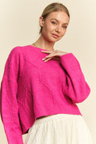 Davi & Dani Pink Diamond Cable Pattern Drop Shoulder Sweater