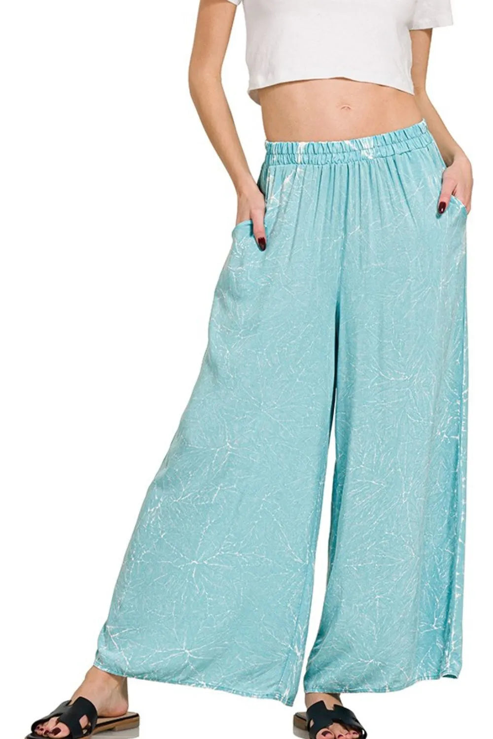 Zenana Dusty Teal Woven Acid Crinkle Washed Cami & Pants 2 Piece Set