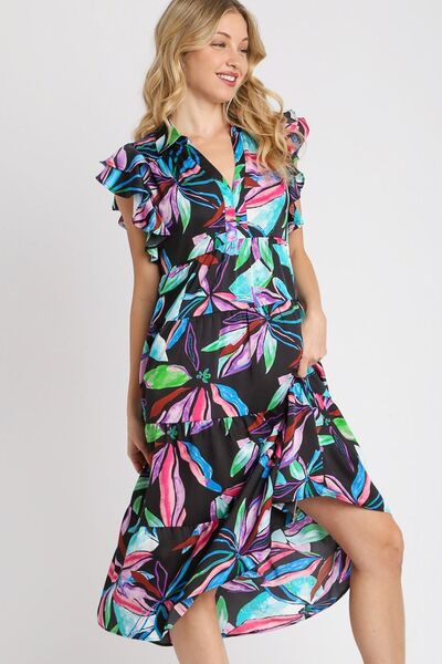 Umgee Black Leaf Print Double Layered Ruffle Sleeve Tiered Midi Dress