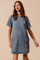 SO ME Bow Ribbon Knot Applique Denim Mini Dress DENIM