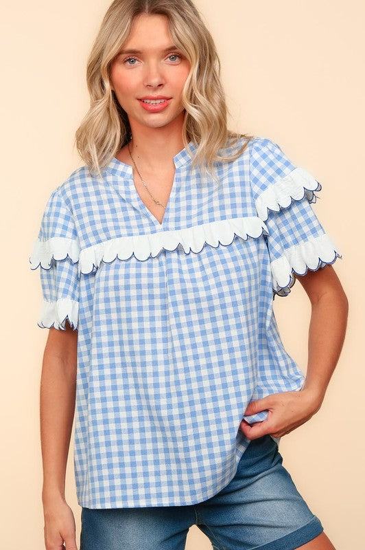 Haptics Sky Blue Plaid Scallop Hem Notched Short Sleeve Blouse Shirts & Tops