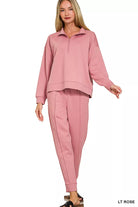 Zenana Light Rose Scuba Half Zip Pullover and Jogger Set LT ROSE