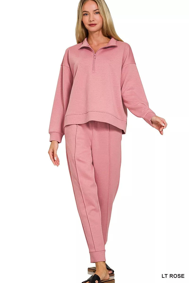 Zenana Light Rose Scuba Half Zip Pullover and Jogger Set LT ROSE