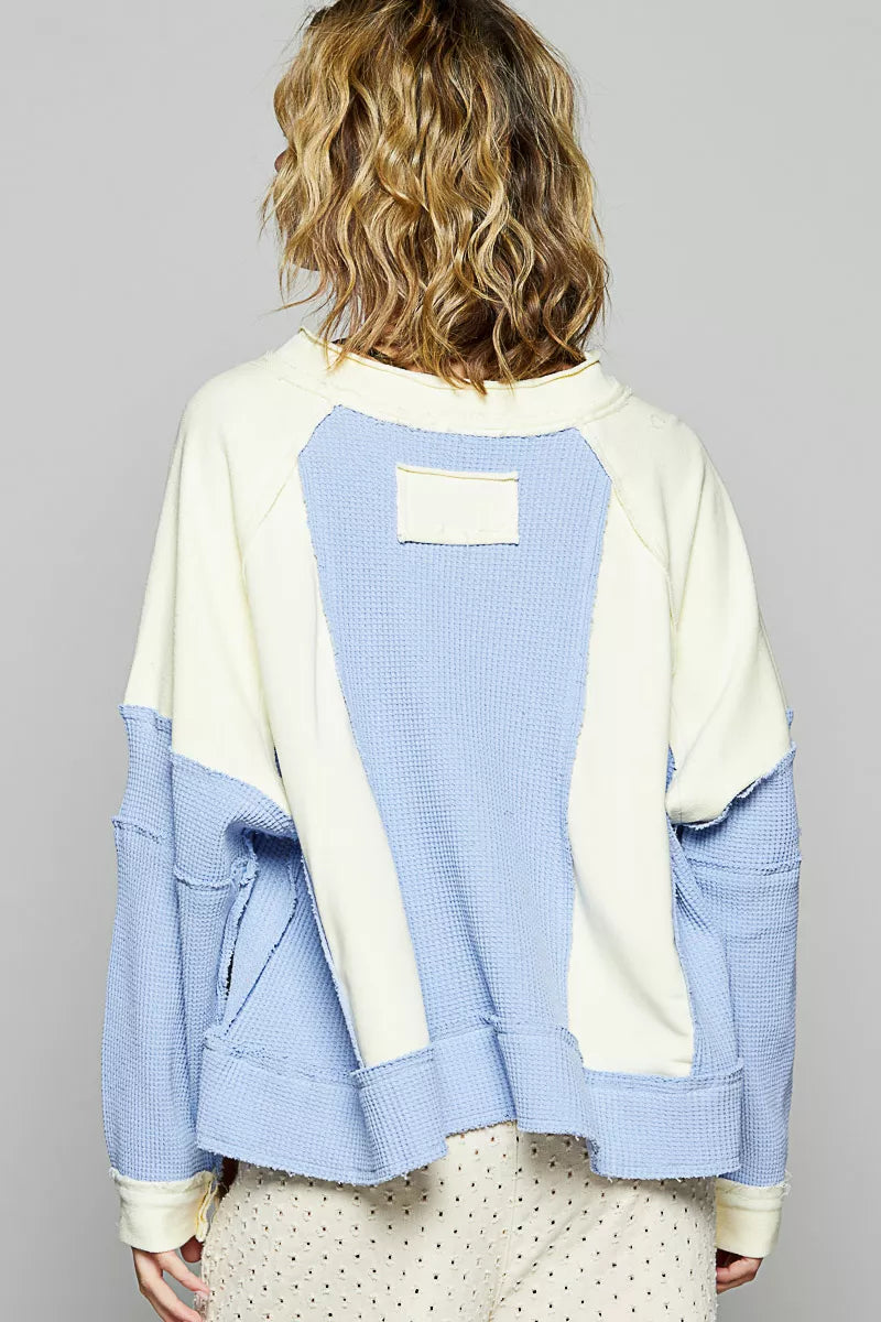 POL Cream Multi Color Block Waffle Knit Raw Hem Sweatshirt