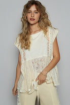 POL Embroidered Detail Boat Neck Cap Sleeve Lace Blouse in Cream