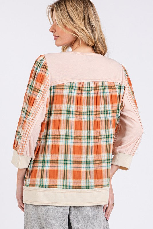 SAGE + FIG Pink Exposed Seam Button Detail Plaid Top