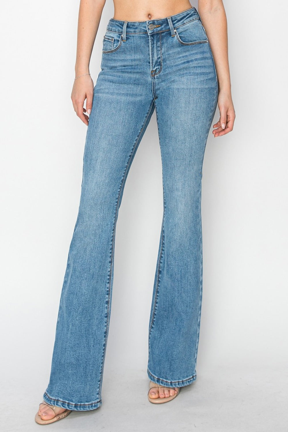 RISEN Mid Rise Flare Jeans with Pockets Medium Trendsi