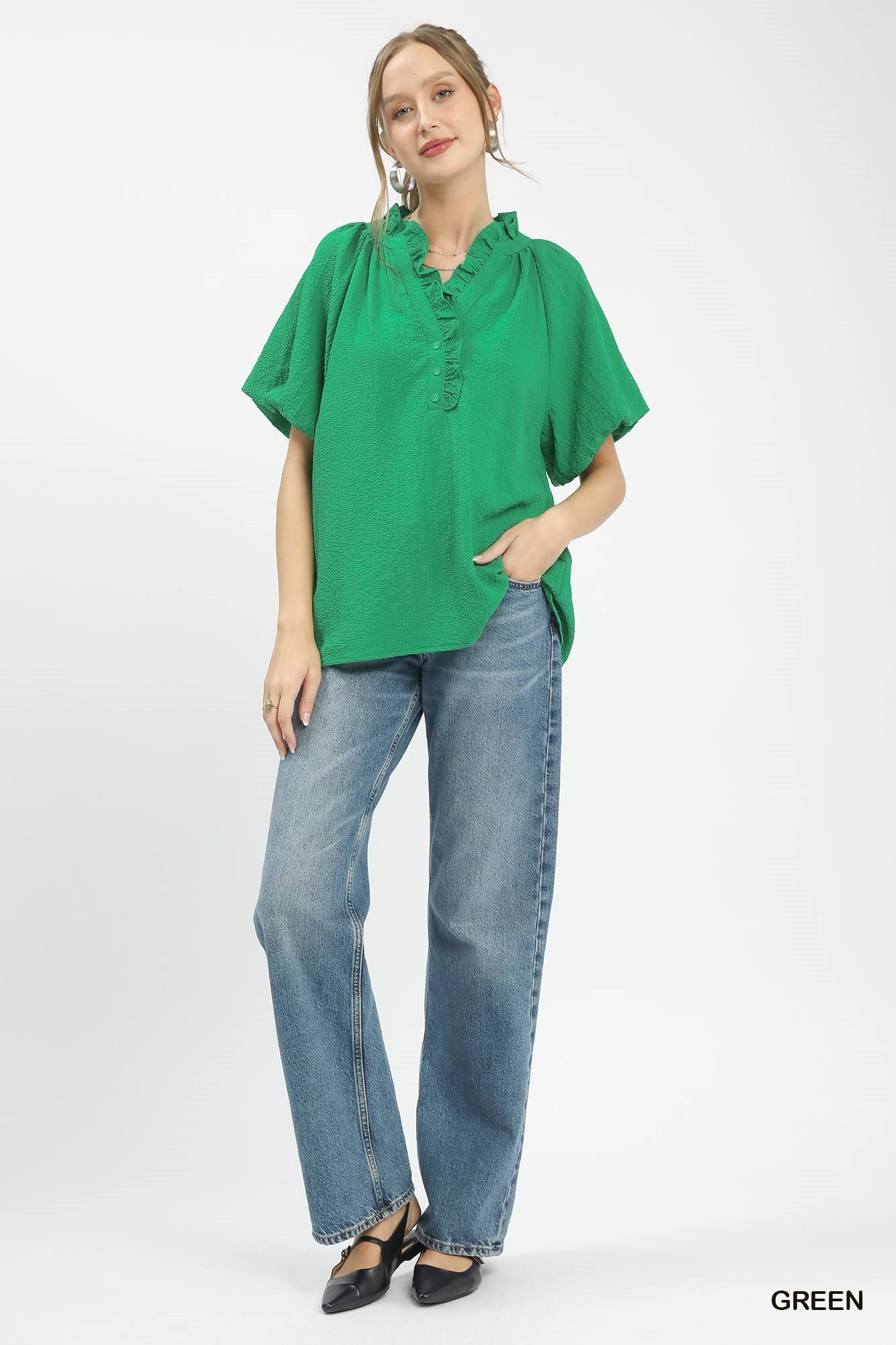 Umgee Green Puff Sleeve Ruffle Neck Tunic Blouse