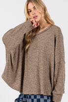 SAGE + FIG Round Neck Batwing Sleeve Oversize Top in Coffee Brown Shirts & Tops