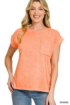 Zenana Orange Halo Snow Washed Cuffed Short Sleeve Tee ORANGE