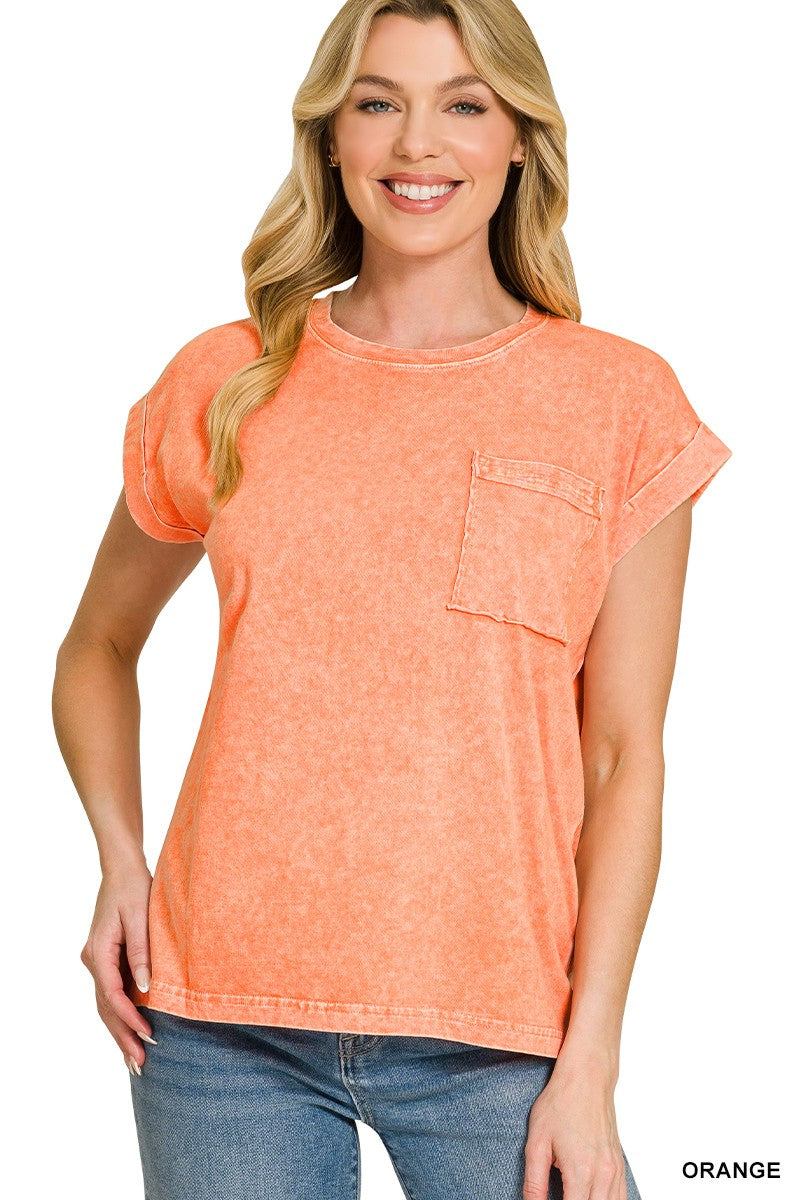Zenana Orange Halo Snow Washed Cuffed Short Sleeve Tee ORANGE