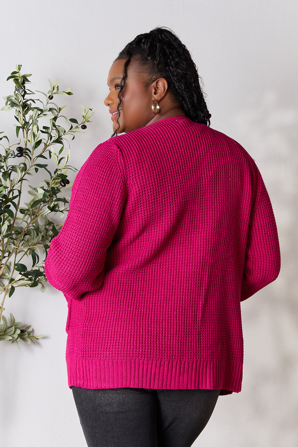 Zenana Magenta Waffle-Knit Open Front Cardigan Trendsi