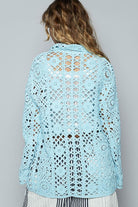 POL Pastel Blue Crochet Button Up Cardigan with Chest Patch Pockets