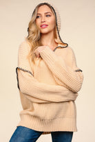 Haptics Contrast Stitching Long Sleeve Hooded Sweater Oatmeal Trendsi